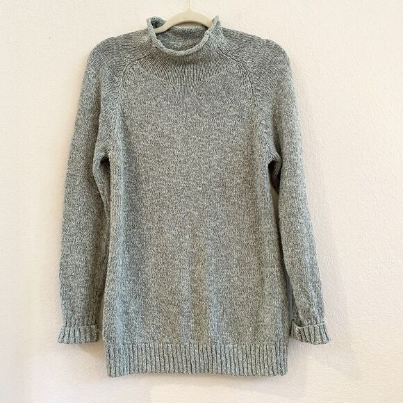 LL Bean Womens Sweater Sz Small Cream Green Marled Knit Cotton Roll Neck Preppy - Picture 4 of 11